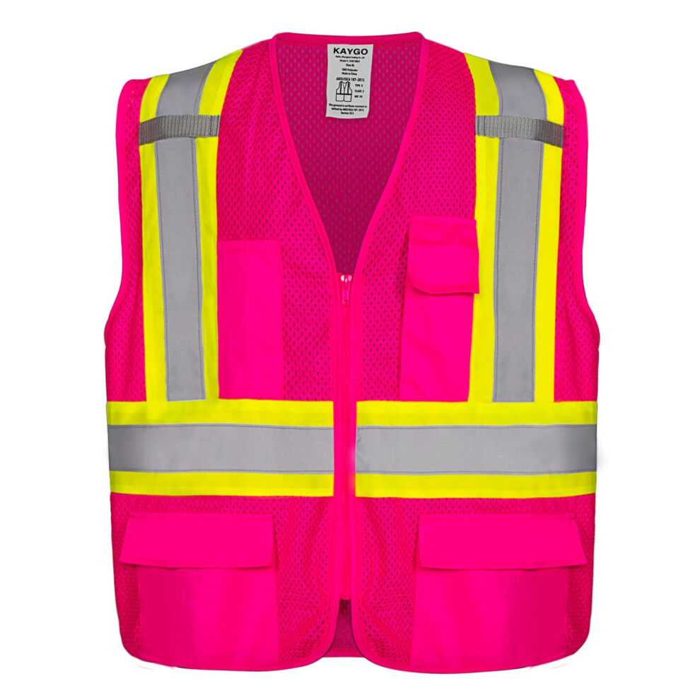 Kaygo Safety Vest With Pockets - High Visibility Reflective Vest Ansi Class 2 Construction Vest (Type R Not Fr) Kg0100 (Xl Pink 10 Pcs) 6975045664651