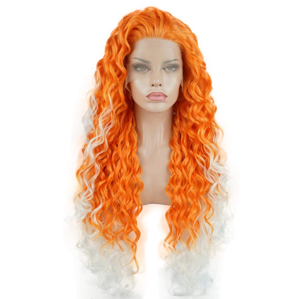 Lushy Unisex White,Orange Long 26Inch Curly Orange Root White Ombre Wig Heavy Density Heat Resistant Synthetic Lace Front Wig