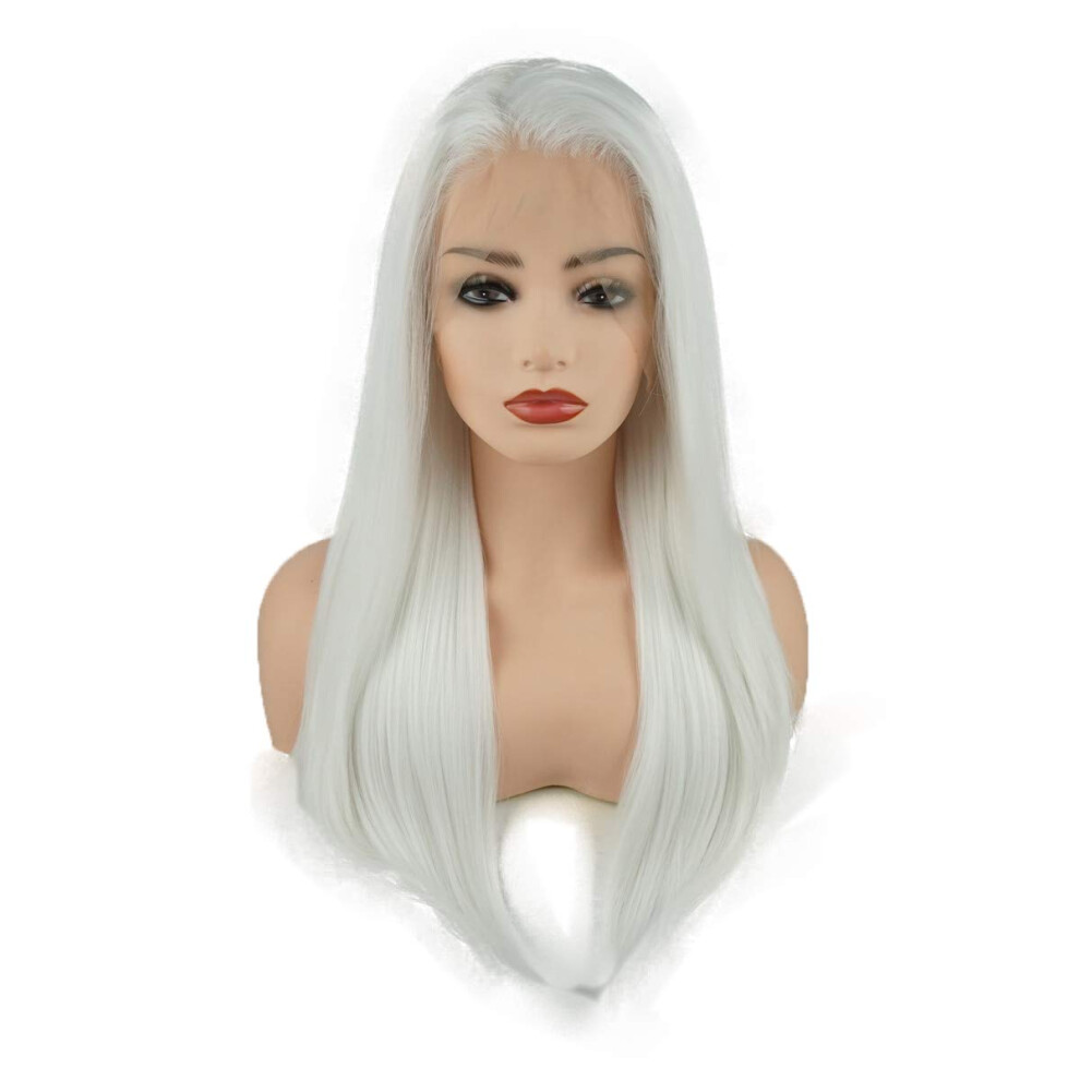 Meiyite Unisex White Hair Straight Long 24Inch Heavy Density Heat Resistant Realistic Synthetic Lace Front Wigs