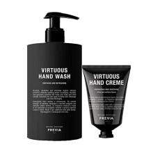 PREVIA Virtuous Soap Set - Soothing Hand Wash (16.9 oz) & Hydrating Hand Cream (1.7 oz) Nourishing Skincare Duo with Lavender & Geranium Vegan