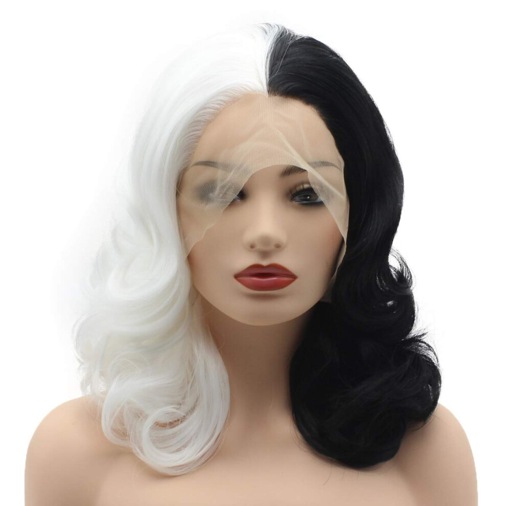 Meiyite Unisex White,Black Hair Wavy Shoulder Length 16Inch Half Black Half White Mix Heavy Density Heat Friendly Synthetic Lace Front Wigs