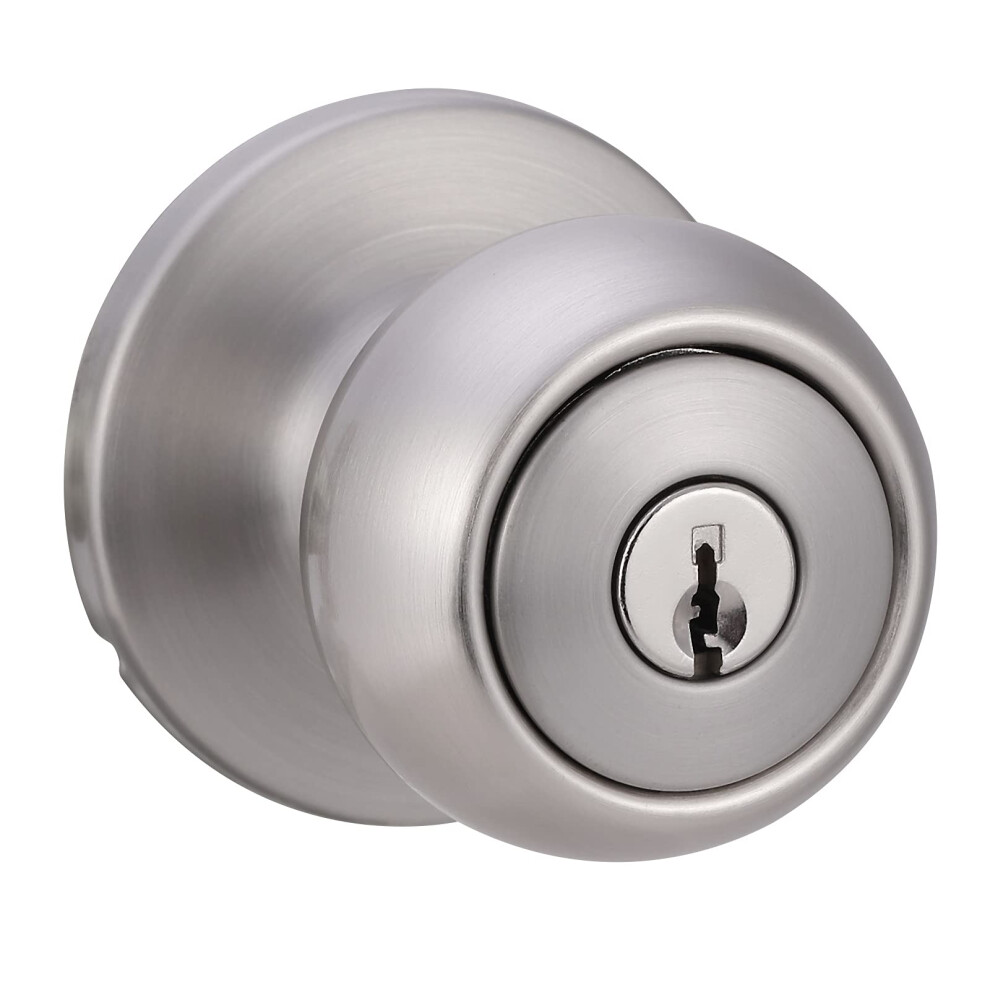 Amazon Basics Exterior Door Knob With Lock  Coastal  Satin Nickel