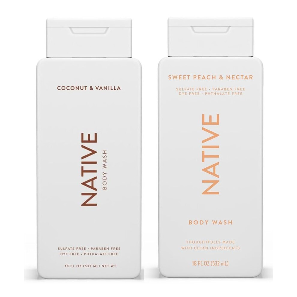 Currys Energizing Essentials 1852 Bundle | Native Body Wash 2-Pack: Coconut & Vanilla + Sweet Peach & Nectar (18 Fl Oz Each)