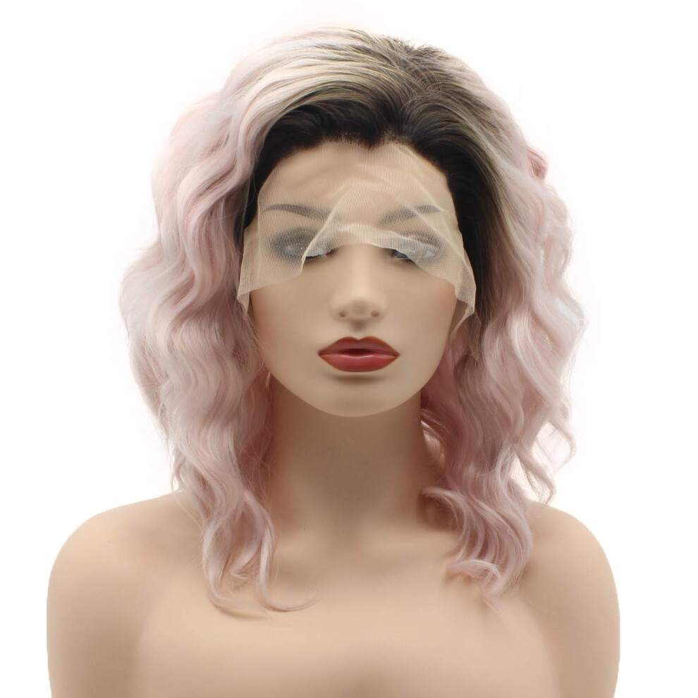 Meiyite Unisex Pink Hair Curly Short 14Inch Dark Root Ombre Wig Heavy Density Realistic Synthetic Lace Front Wigs