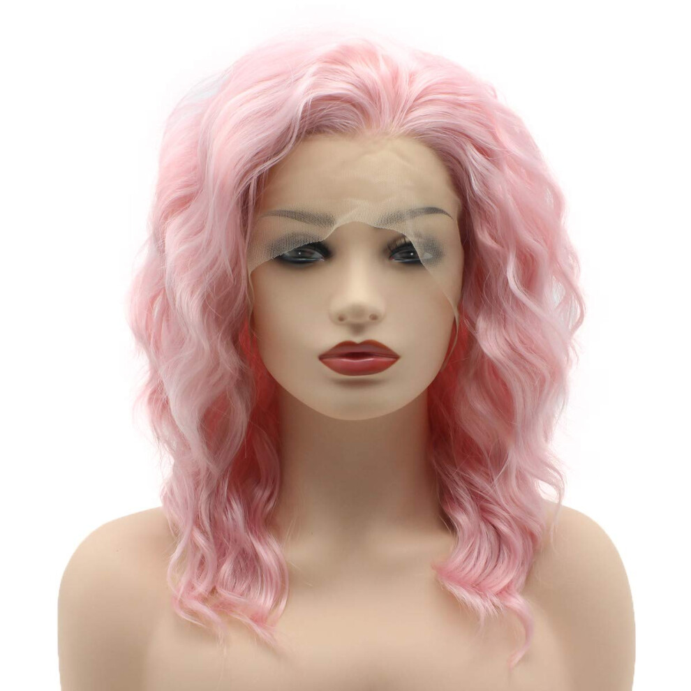 Meiyite Unisex Pink Hair Curly Short 14Inch Wig Heavy Density Realistic Synthetic Lace Front Wigs