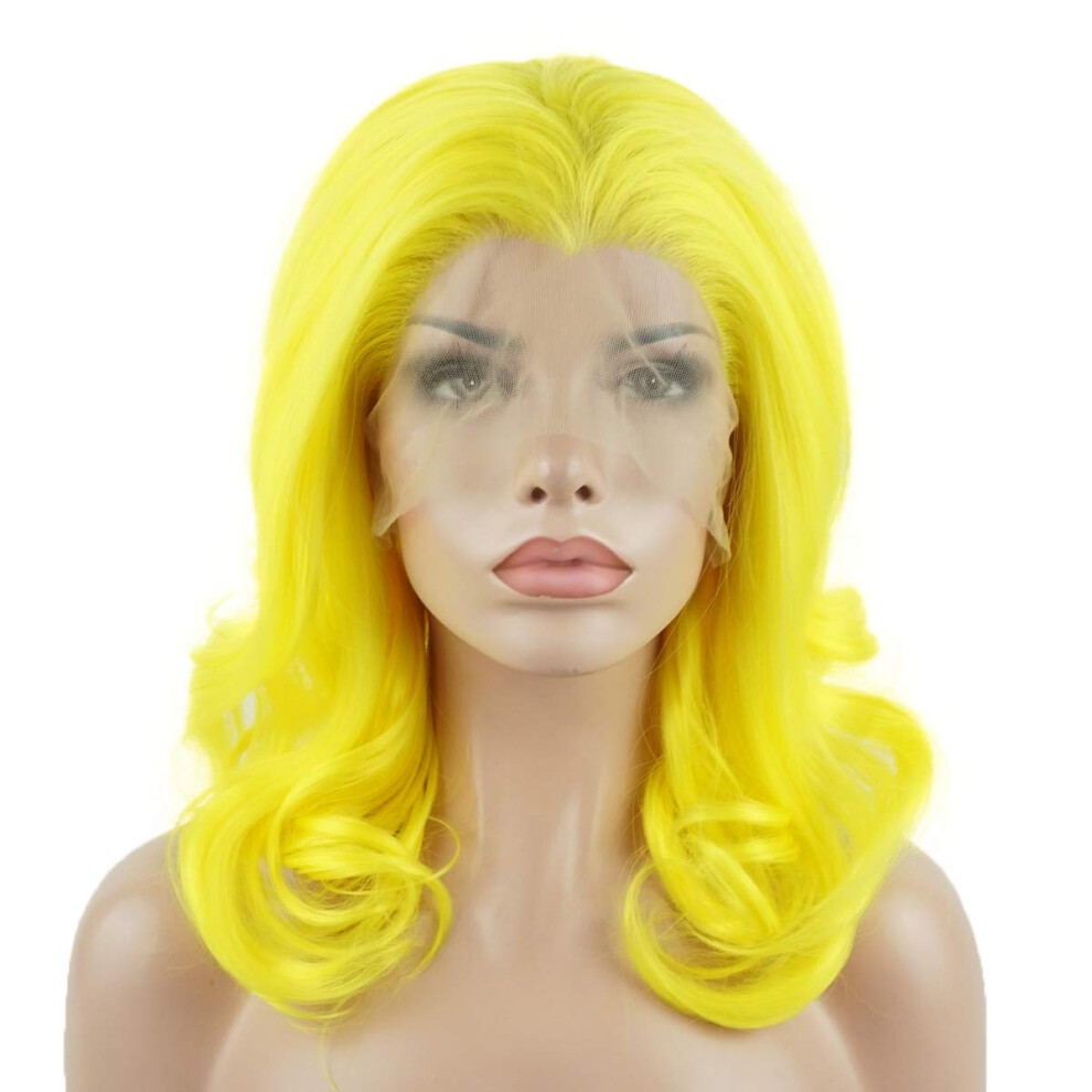 Lushy Unisex Gold Hair Synthetic Lace Front Wig Wavy Shoulder Length 16Inch En Heavy Density Realistic Wig
