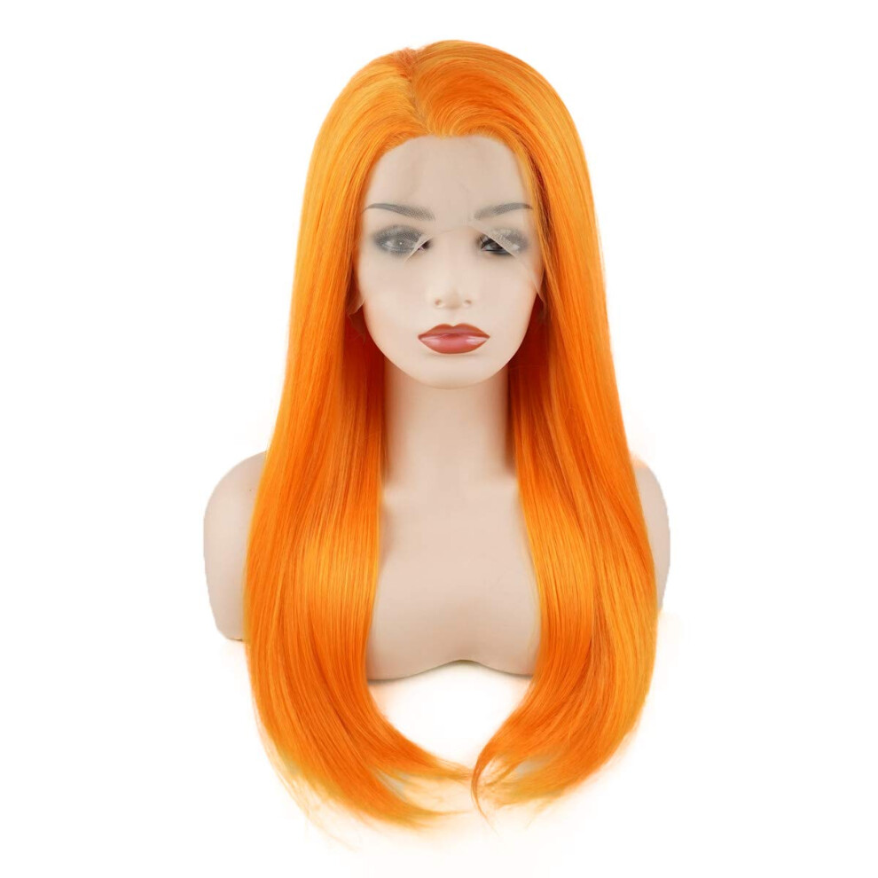 Meiyite Unisex Orange Hair Straight Long 24Inch Heavy Density Realistic Synthetic Lace Front Wigs