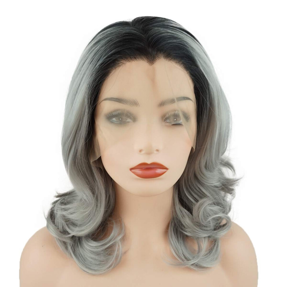 Meiyite Unisex Grey Hair Wavy Shoulder Length 16Inch Dark Root Ombre Heavy Density Synthetic Lace Front Wigs