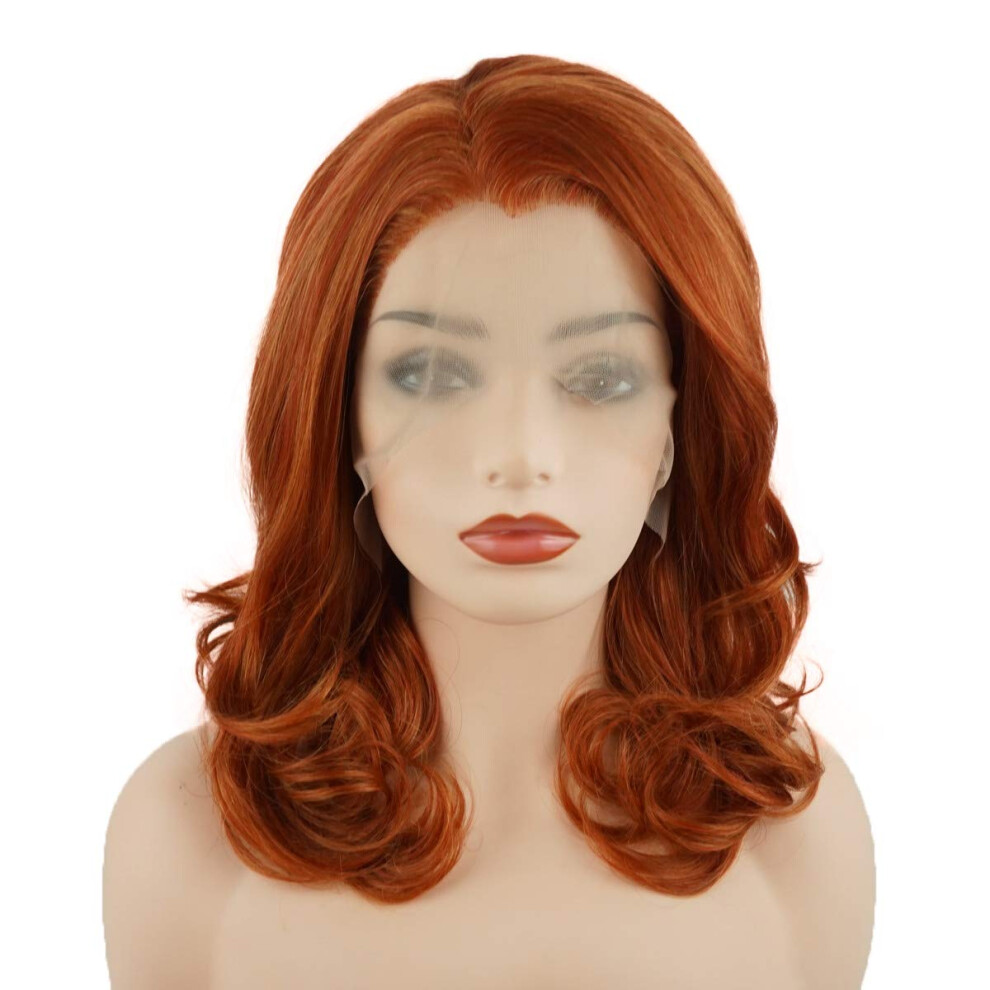 Meiyite Unisex Red Hair Wavy Shoulder Length 16Inch Blonde Mix Half Hand Tied Heavy Density Synthetic Lace Front Wigs