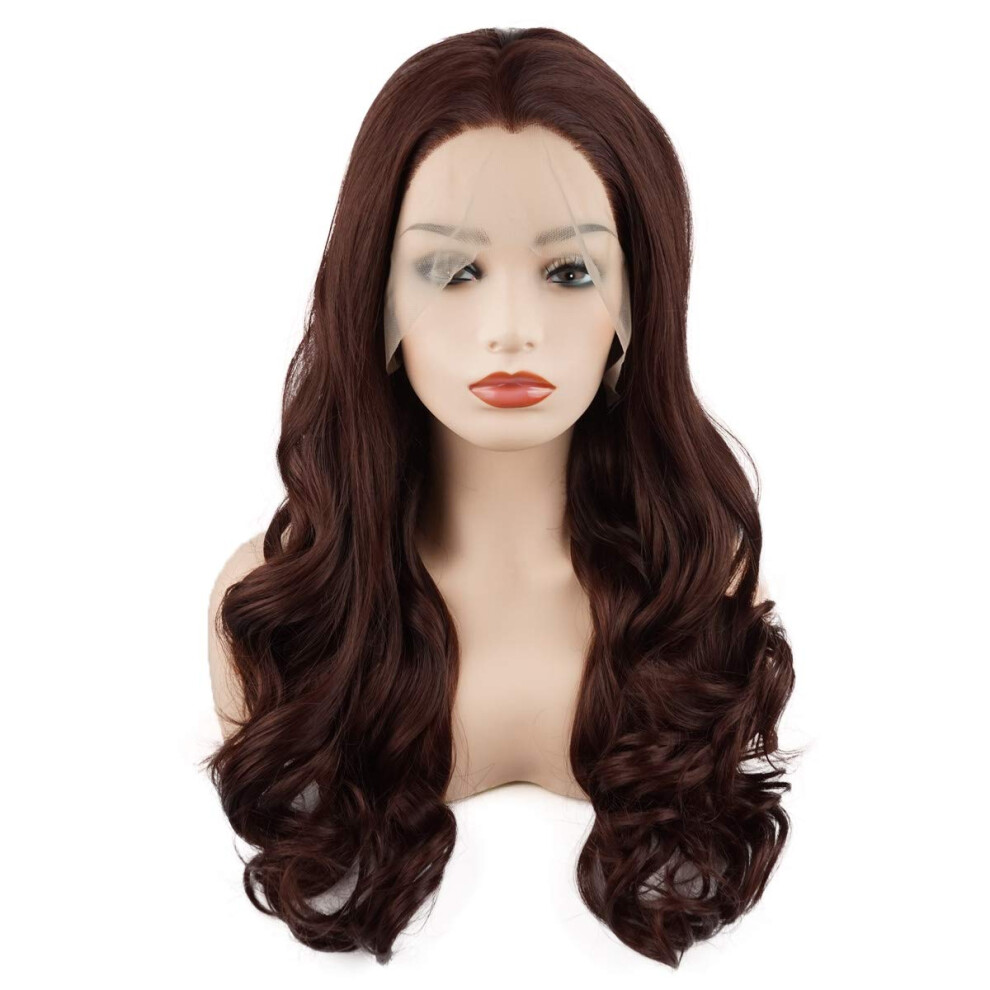 Meiyite Unisex Red Hair Wavy Long 24Inch Auburn Heavy Density Realistic Synthetic Lace Front Wigs