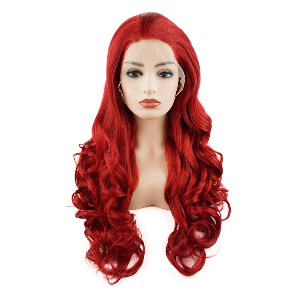 Meiyite Unisex Red Hair Wavy Long 26Inch Heavy Density Realistic Synthetic Lace Front Wigs