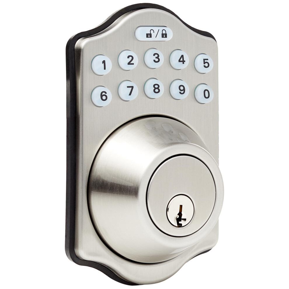 Amazon Basics Traditional Electronic Keyless Keypad Deadbolt Door Lock  Keyed Entry Option  1-Pack  Satin Nickel