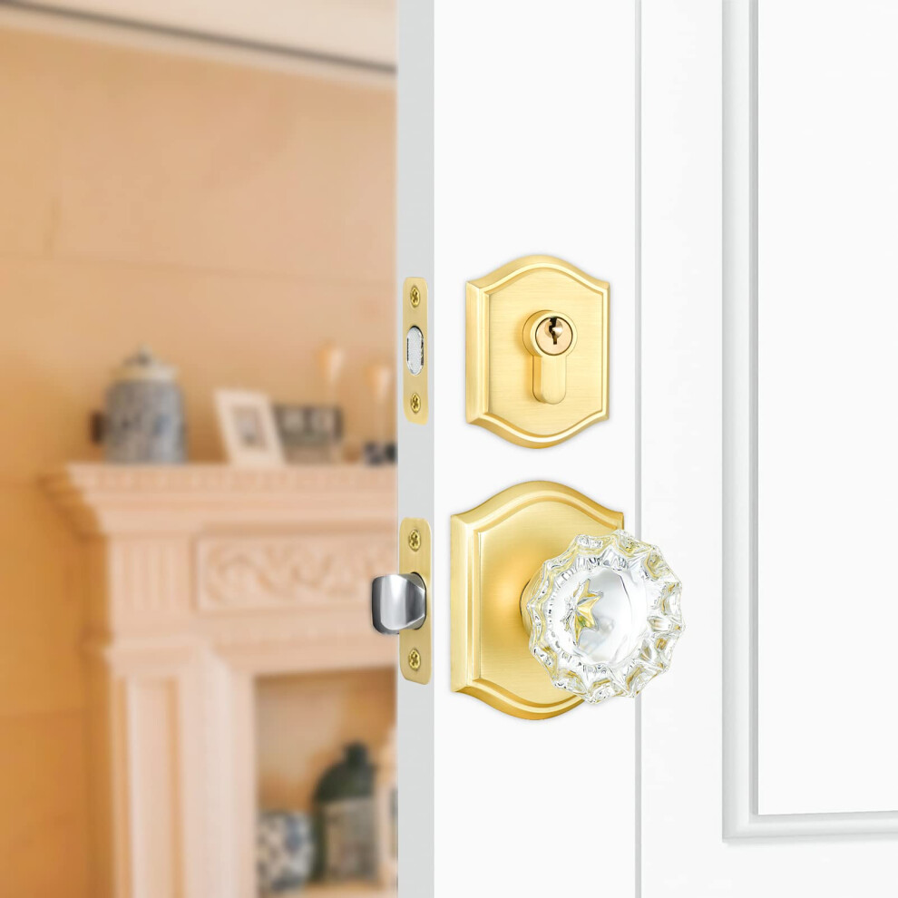 Clctk Crystal Glass Passage Door Knob And Single Cylinder Deadbolt Combo Set Satin Brass Finish 611558496308