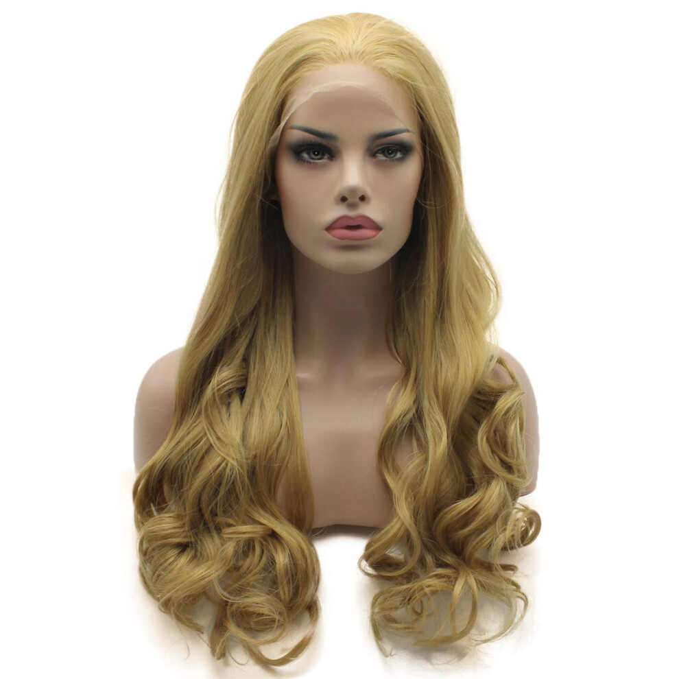 Lushy Wino Unisex Not,Specified Lushy Wavy Long Four Tone Blonde Mix Wig Half Hand Tied Heat Friendly Synthetic Lace Front Wig