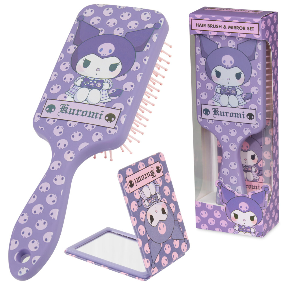 Hello Kitty Detangle Hair Brush for Women  Teenagers  and Girls  Kawaii Hair Accessories - Cute Gifts for Her (Kuromi Brush & Mirror)