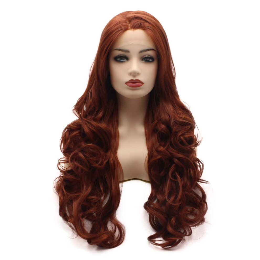Meiyite Unisex Red Hair Wavy Long 26Inch Wine High Density Realistic Synthetic Lace Front Wig