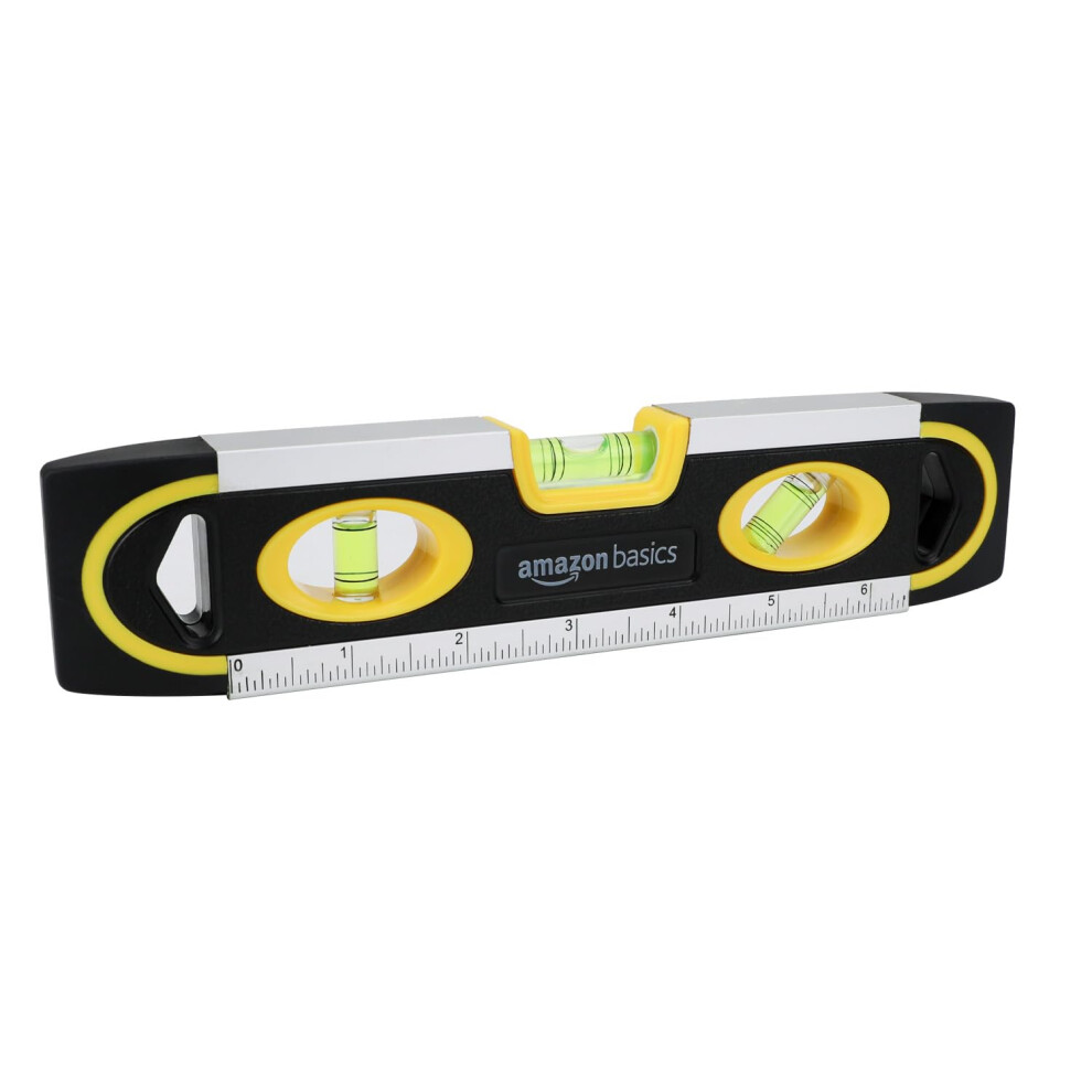 Amazon Basics 9-inch Easy to Use Magnetic Torpedo Level and Ruler  with 180/90/45 Degree Bubbles  Black  Yellow