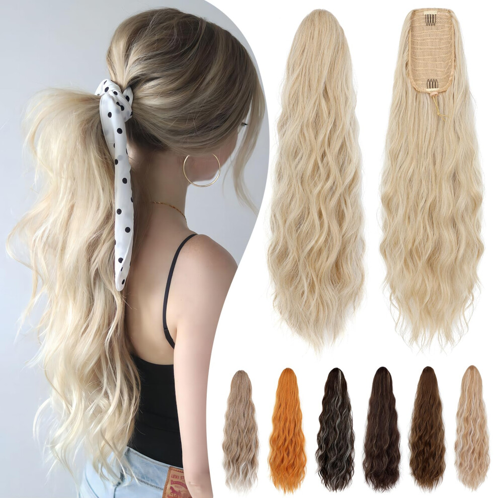 Cephermer Unisex Ponytail Extension 24'' Long Wavy Drawstring Pony Tails Hair Extension Ponytail Baby Blonde Mix Bleach Blonde Synthetic Hairpiece For Women