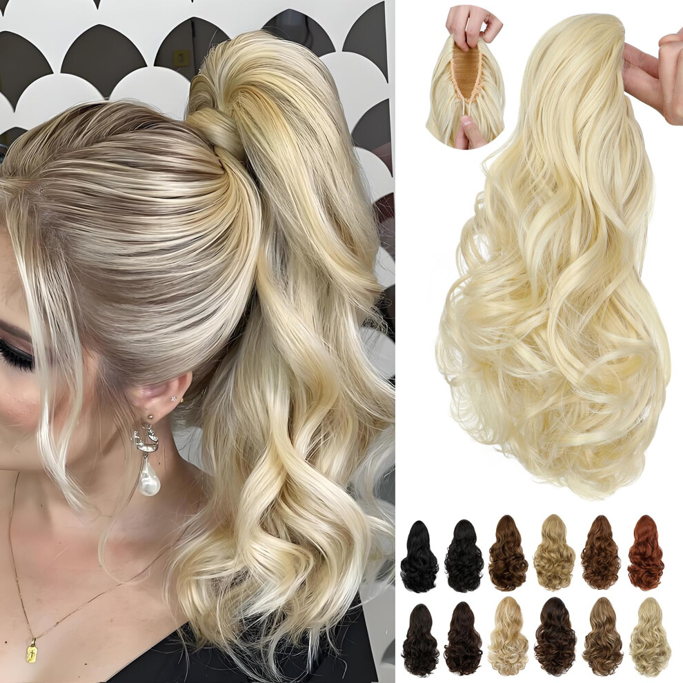 Cephermer Unisex Ponytail Extension 15 Inch Drawstring Ponytail Bleach Blonde Wavy Clip In Pony Tails Hair Extensions Natural Looking Synthetic Hairpiece F
