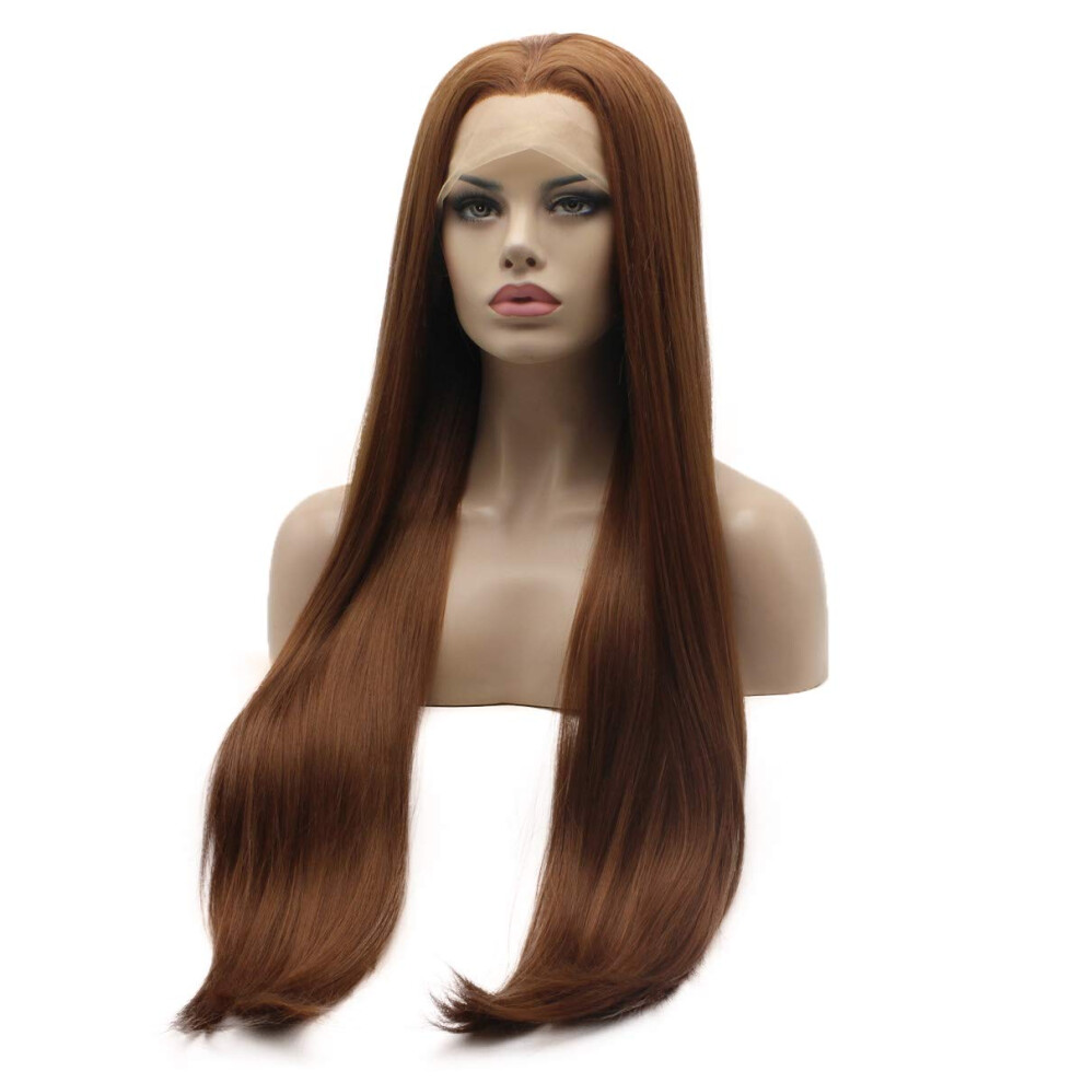 Ppig Unisex Red Lushy Lace Front Synthetic Straight Super Long 28Inch Medium Auburn Wig Silk Soft Stylish Wig