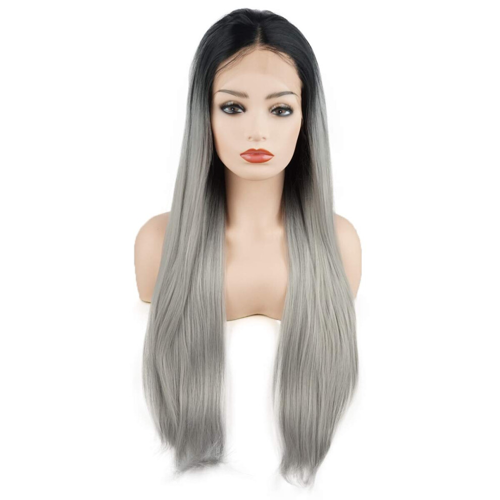 Meiyite Unisex Grey Hair Straight Super Long 28Inch Dark Root Ombre Heavy Density Realistic Synthetic Lace Front Wigs
