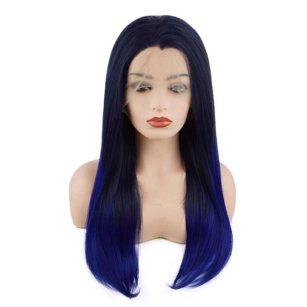 Meiyite Unisex Blue Hair Straight Long 24Inch Dark Root Ombre Heat Resistant Heavy Density Realistic Synthetic Lace Front Wigs