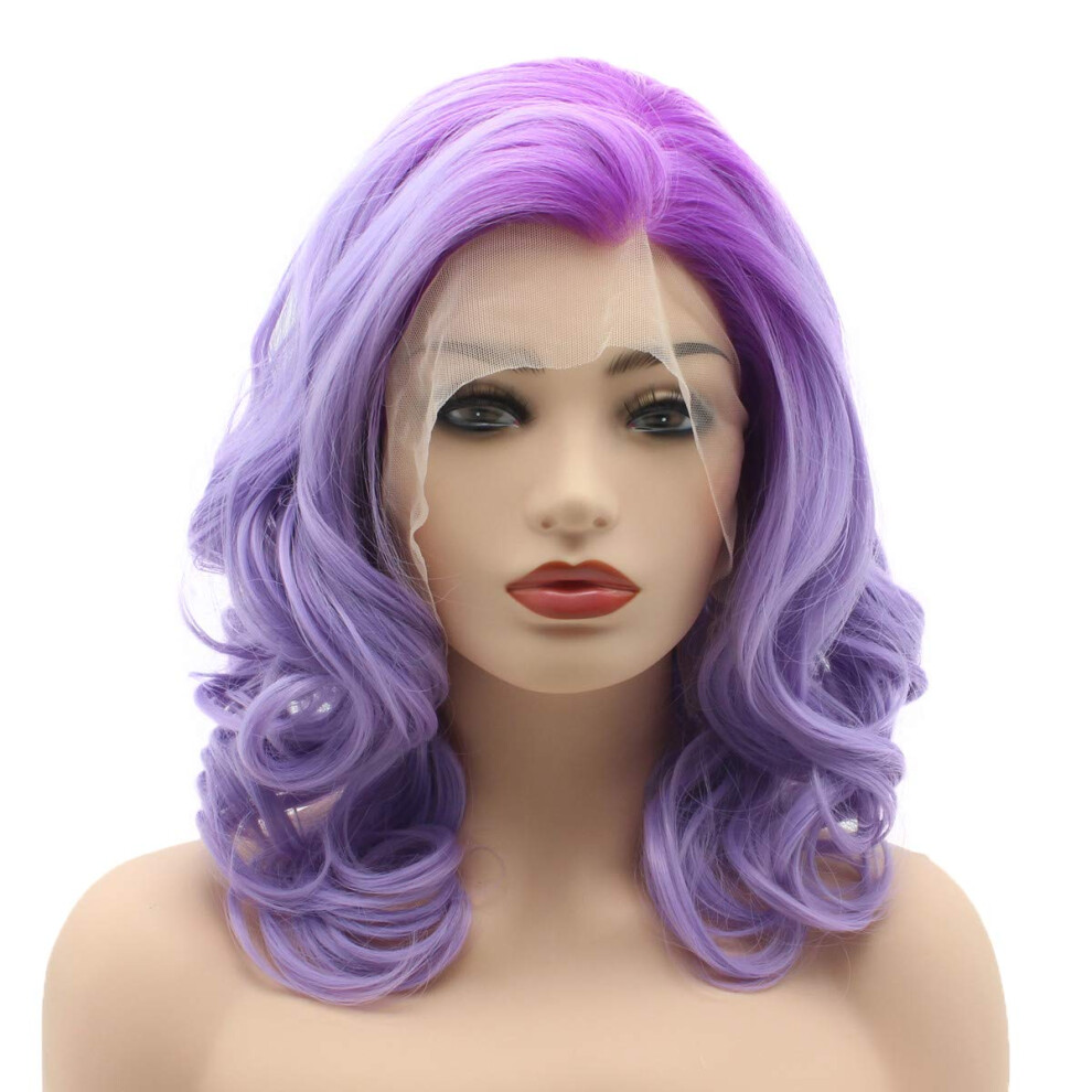 Meiyite Unisex Purple Hair Wavy Shoulder Length 16Inch Two Tone Ombre Half Hand Tied Heavy Density Synthetic Lace Front Wigs