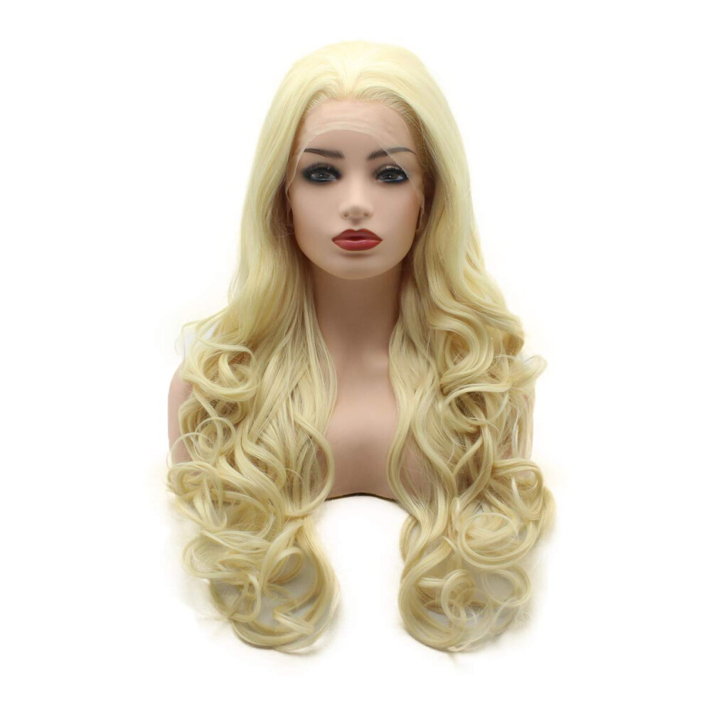 Meiyite Unisex Cream Hair Wavy Long 26Inch Beige Heat Resistant Heavy Density Realistic Synthetic Lace Front Wigs