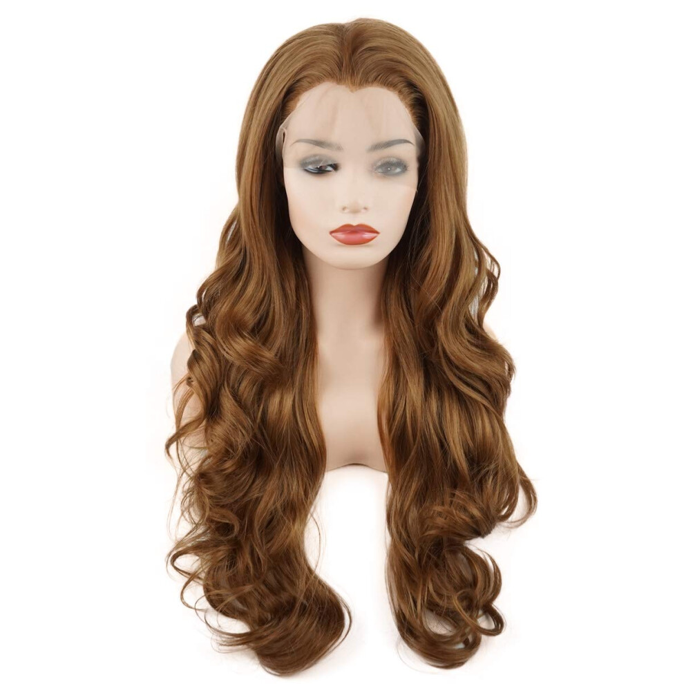 Meiyite Unisex Not,Specified Hair Wavy Long 26Inch Dark Blonde Half Hand Tied Heavy Density Realistic Synthetic Lace Front Wig
