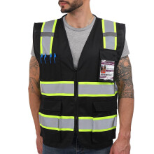 Colete reflexivo Dib Safety de alta visibilidade com bolsos e zper preto com acabamento amarelo XL