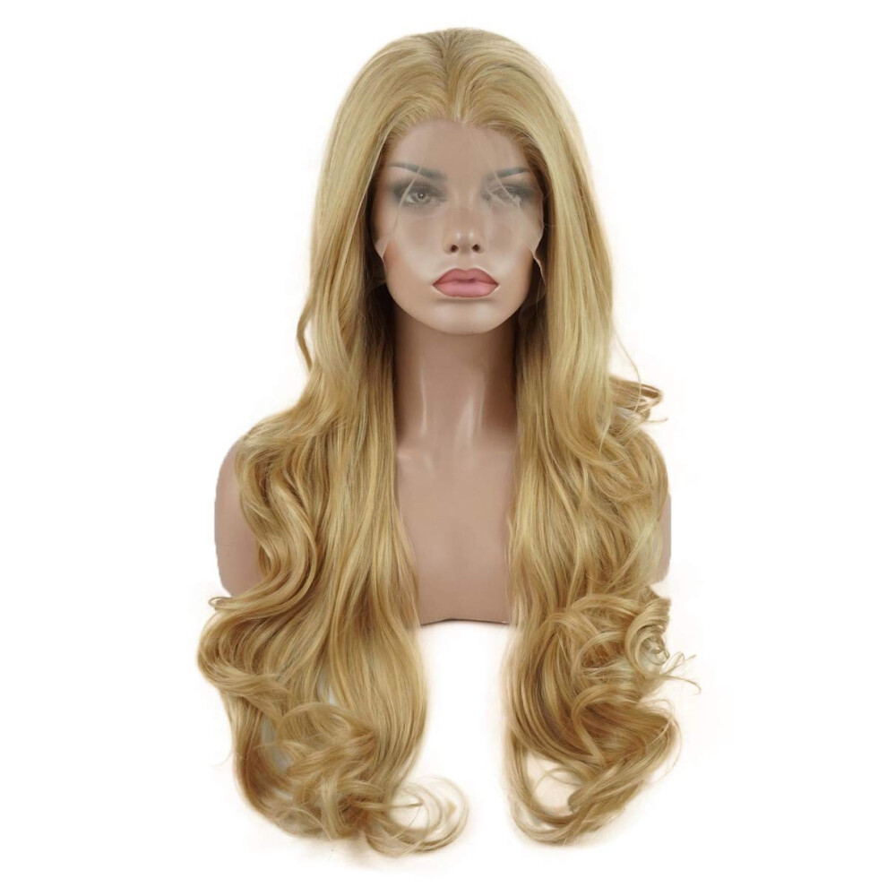 Lushy Wino Unisex Lushy Wavy Long Two Tone Blonde Mix Wig Half Hand Tied Heat Friendly Full Density Synthetic Lace Front Wig