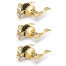 Drop/Wave Style Polished Brass Hallway Locks Passage Levers for Interior Door Universal Handles 3Pack
