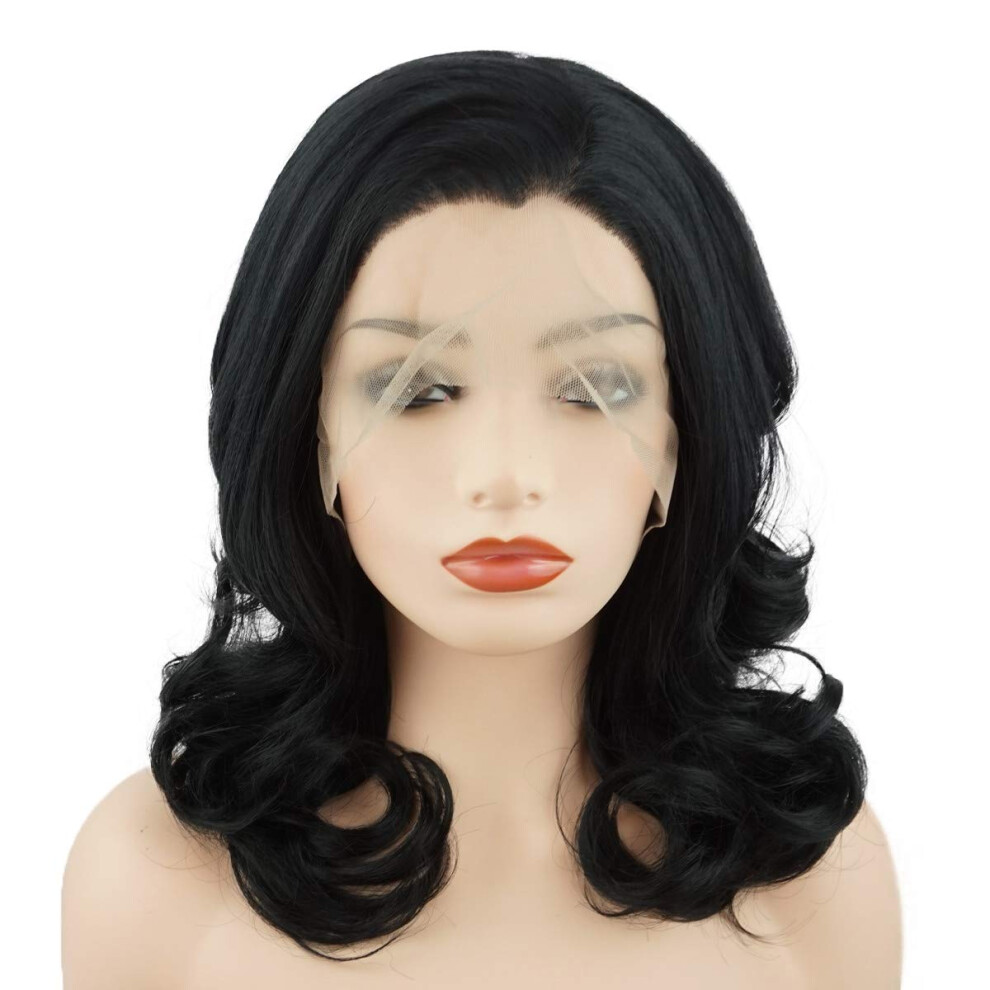 Meiyite Unisex Black Hair Wavy Shoulder Length 16Inch Half Hand Tied Heavy Density Realistic Synthetic Lace Front Wig