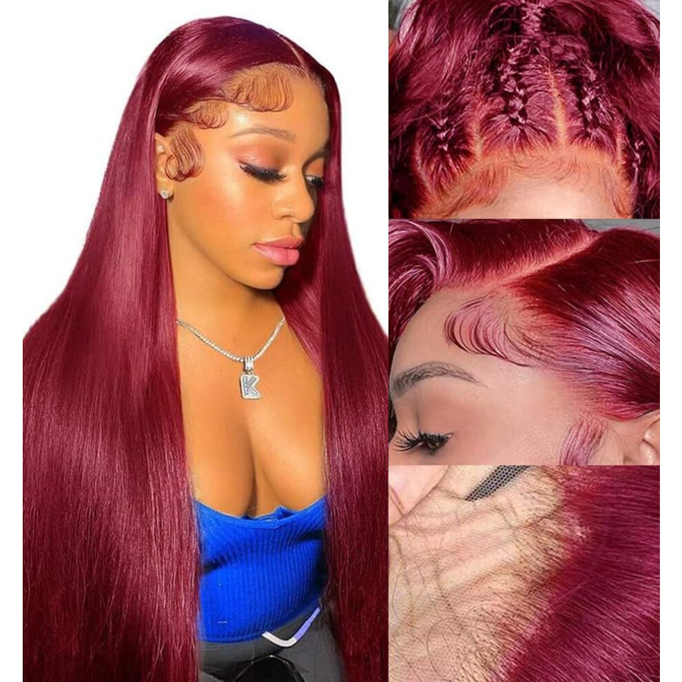 Anderah Unisex Red 99J Burgundy Lace Front Wigs Human Hair 13X4 Glueless Straight 99J Lace Frontal Wigs 180% Density Brazilian Virgin Human Hair Wigs For Women P