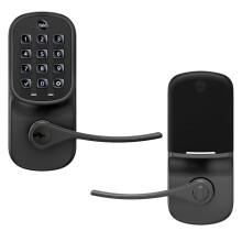 Poignée de porte d'entrée Yale Assure Lever avec clavier physique connecté Wi-Fi, serrure de porte intelligente en daim noir avec clé de secours