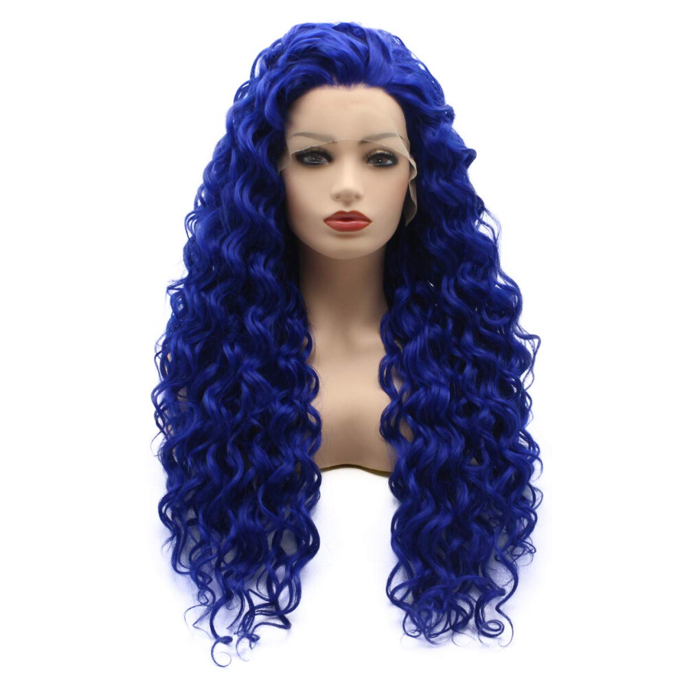 Meiyite Unisex Blue Hair Curly Long 26Inch Navy Heavy Density Realistic Synthetic Lace Front Wigs
