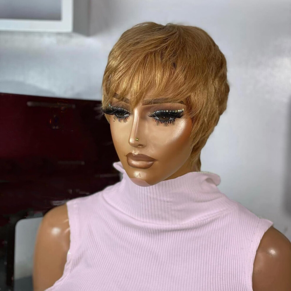 Ykhjh Unisex Black Honey Blonde Pixie Cut Wig Human Hair Glueless Wigs Ready To Go Short Human Hair Wigs For Women Pixie Wig With Bang Short Straight Wigs Fo