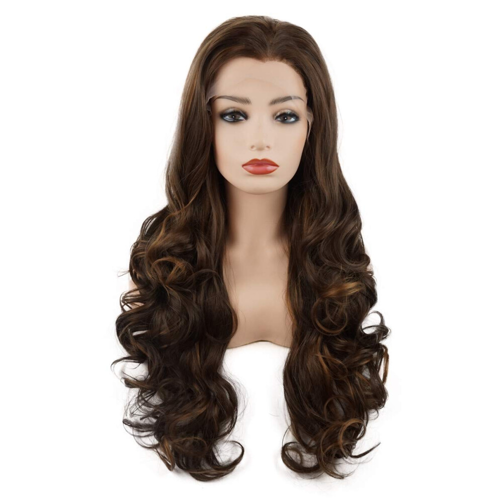 Meiyite Unisex Brown Hair Wavy Long 26Inch Blonde Mix Heavy Density Realistic Synthetic Lace Front Wigs