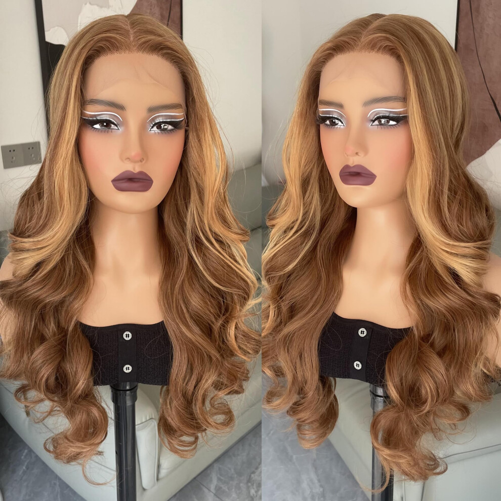 Zavide Unisex Honey Blonde Lace Front Wig Body Wave Synthetic Wig Highlight Wigs For Women 180% Density Transparent Lace Frontal Wigs