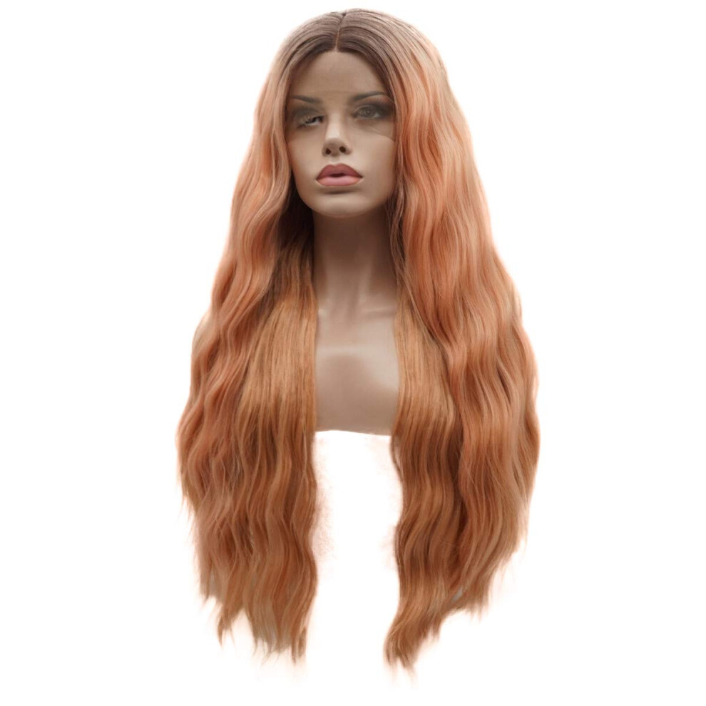 Ppig Unisex Gold Lushy Hair Synthetic Lace Front Wig Long 28Inch Wavy Dark Root Rose Ombre Wig Heavy Density Realistic Wig