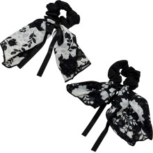 Jseng Knotted Bow Hair Scrunchies - Black Floral Elastic Hair Scarf Hair Ties Bands Satin Hair Ribbon Scrunchy Ponytail Holder for Women - Vintage Bl