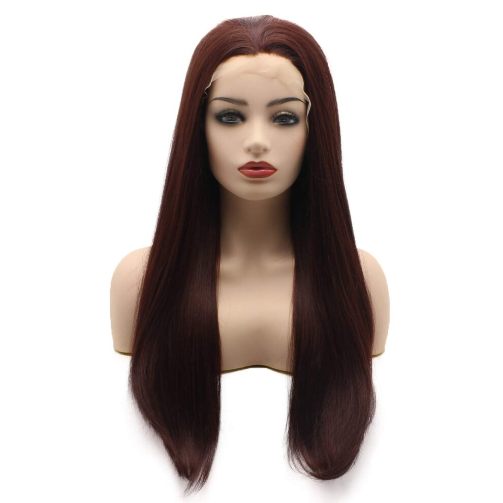 Meiyite Unisex Red Hair Straight Long 24Inch Auburn Heat Resistant Heavy Density Realistic Synthetic Lace Front Wigs