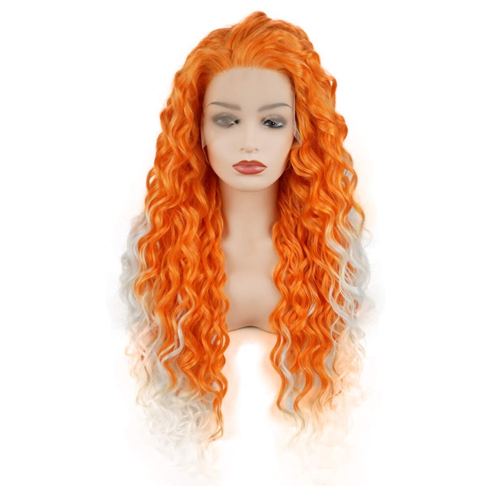 Meiyita Unisex White,Orange Meiyite Hair Curly Long 26Inch Two Tone Orange White Ombre Heavy Density Realistic Synthetic Lace Front Wigs