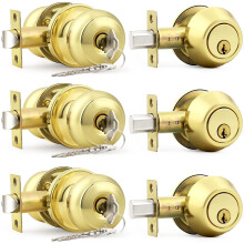 Probrico Polished Brass Entry Door Knob Lock Set and Single Cylinder Deadbolt Combination Set Keyed Alike 3 Pack
