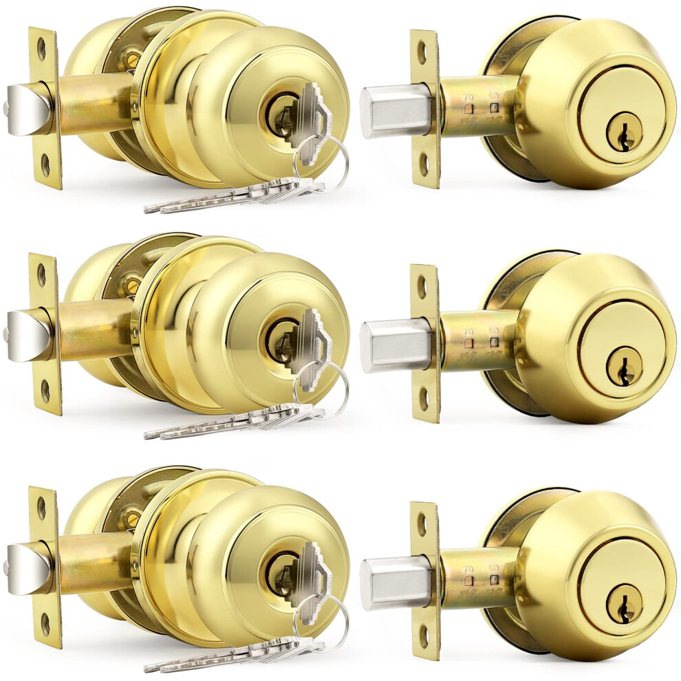Probrico Polished Brass Entry Door Knob Lock Set And Single Cylinder Deadbolt Combination Set Keyed Alike 3 Pack 6941154050821