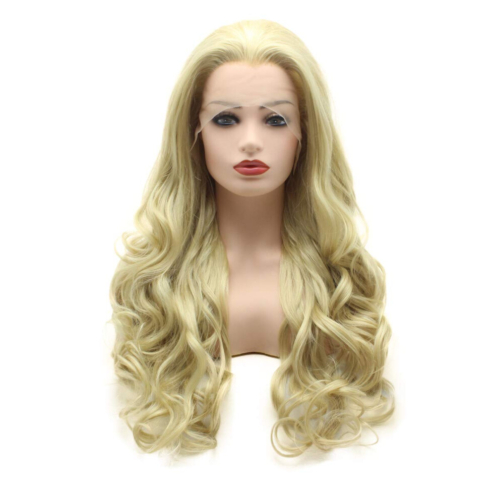 Meiyite Unisex Hair Wavy Long 26Inch Two Tone Honey Blonde Mix Realistic Heat Resistant Synthetic Lace Front Wigs