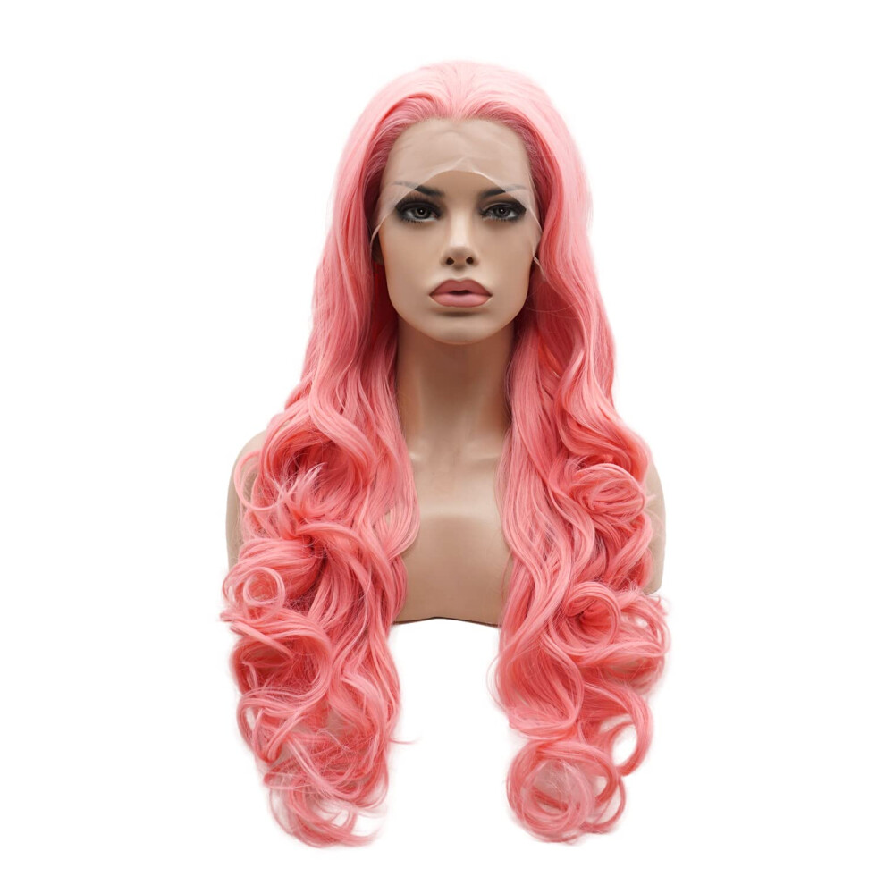 Lushy Wino Unisex Pink Lushy Hair Lace Front Synthetic Wig Wavy Long 26Inch Wig Heat Resistant Heavy Density Realistic Wig