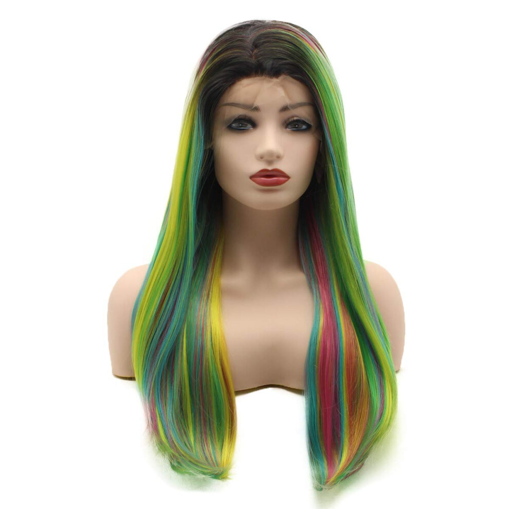 Meiyite Unisex Hair Straight Long 24Inch Multicolor Heavy Density Heat Resistant Realistic Synthetic Lace Front Wigs