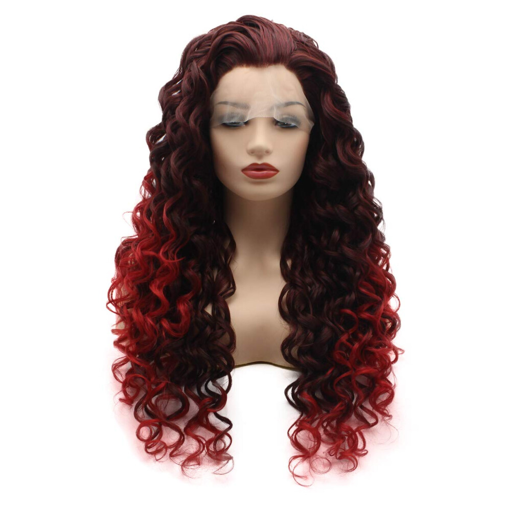 Meiyite Unisex Red Hair Curly Long 26Inch Auburn Root Ombre Half Hand Tied Realistic Synthetic Lace Front Wigs