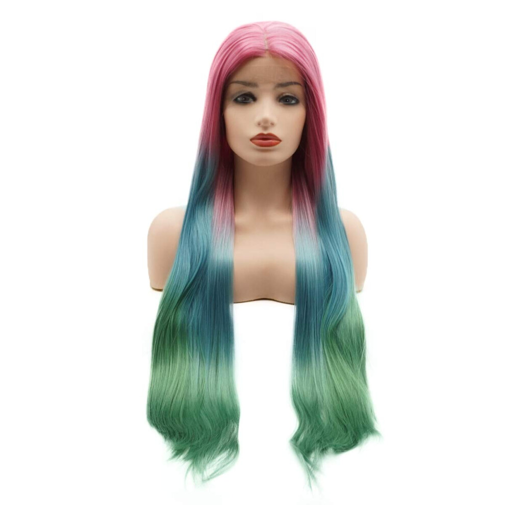 Meiyite Unisex Blue,Green,Red Hair Straight Super Long 28Inch Rose Red Root Blue Green Ombre Heavy Density Realistic Synthetic Lace Front Colourful Wigs